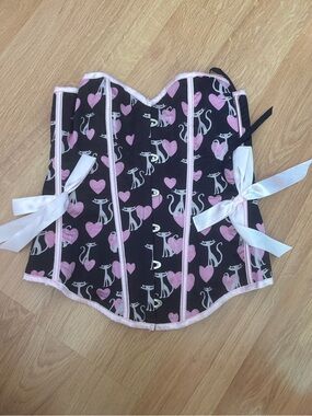 Black Pink Cat Heart Corset Top with Satin Bows